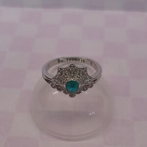 Silver Floral Halo Ring with Blue-Green Center Stone - Fragrsnt Jewels Size 7